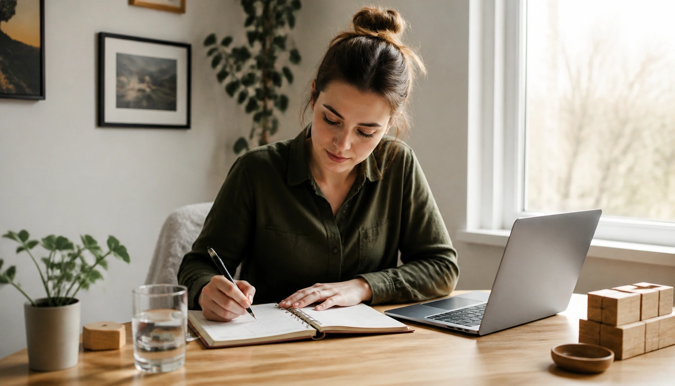 Stress-aware to-do list planner for remote work, featuring short priorities, buffers, and start/stop rituals