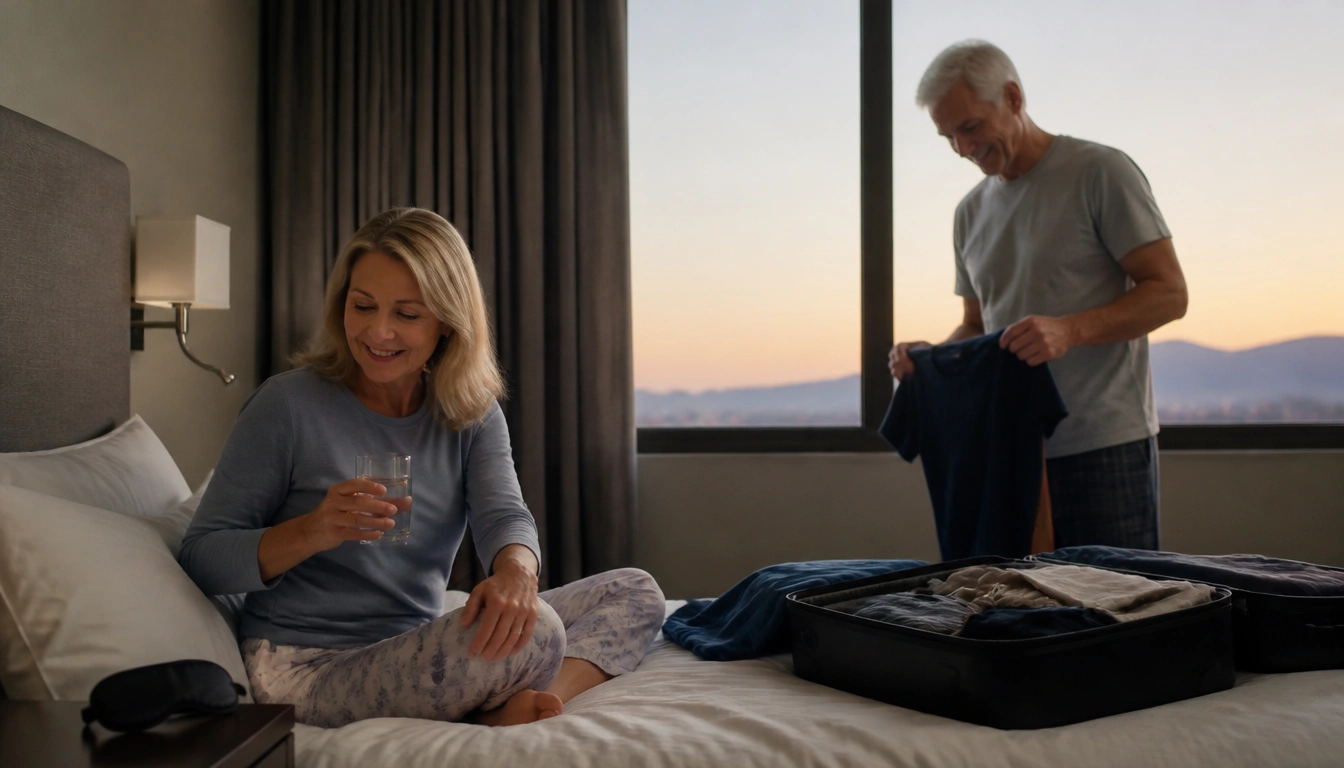 Practical travel sleep routine for adults over 50 with tips on light, hydration, medications, and hotel sleep setup