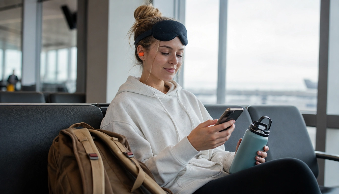 A practical travel sleep routine for college students, showing timing, light management, naps, and sleep tools for trips.