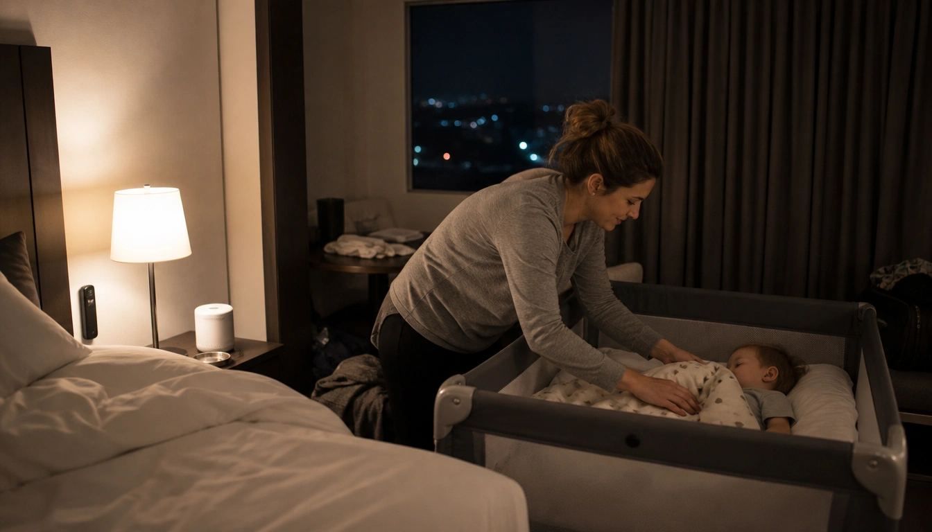Busy parents’ travel sleep routine guide with tips on bedtime cues, packing comfort items, and safe hotel sleep setup