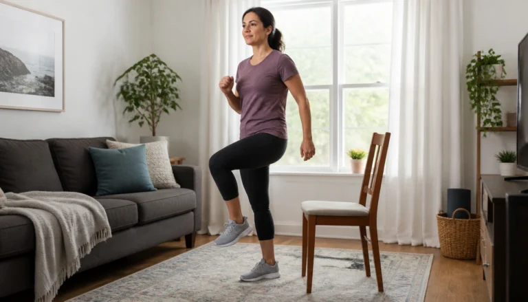 Person marching in place during a short walking warm-up before a home workout in a living room