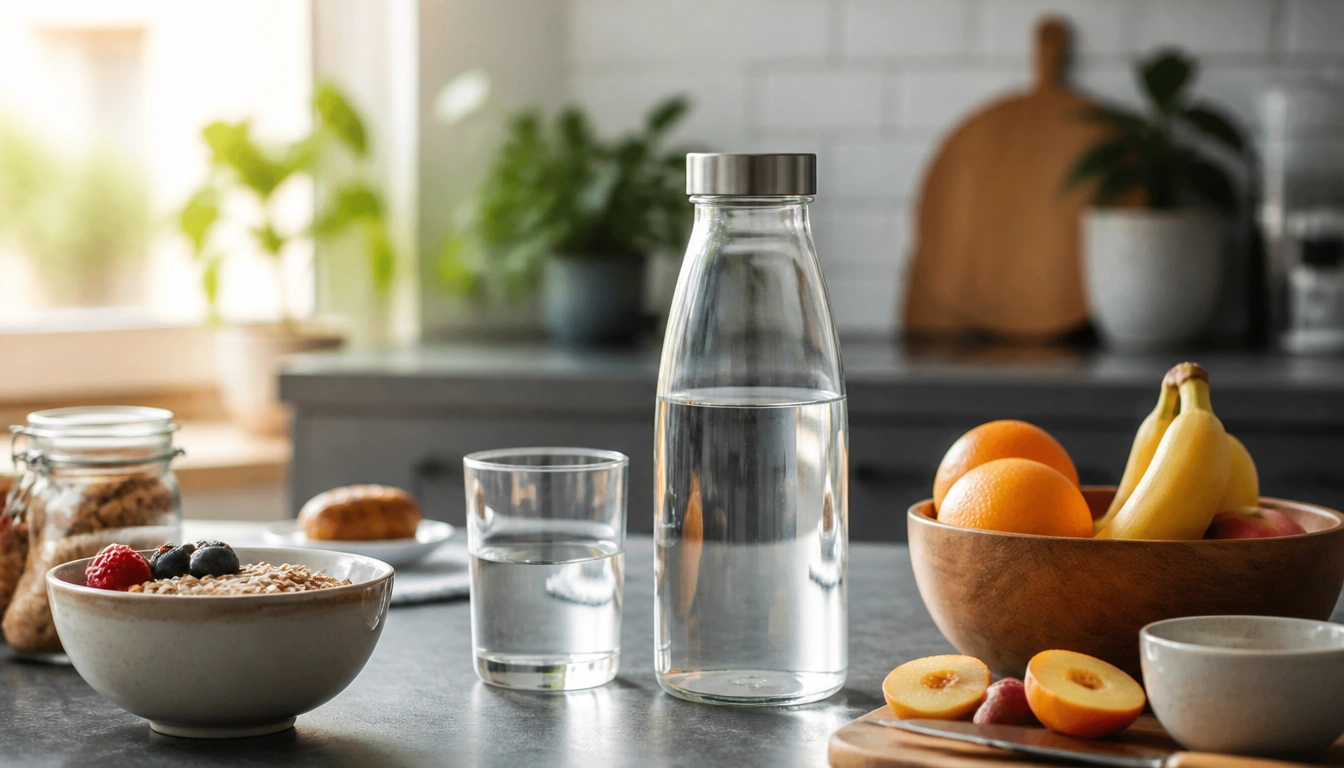 Adult hydration routine guide showing water bottle, meal timing, and urine color check for safe daily water habits