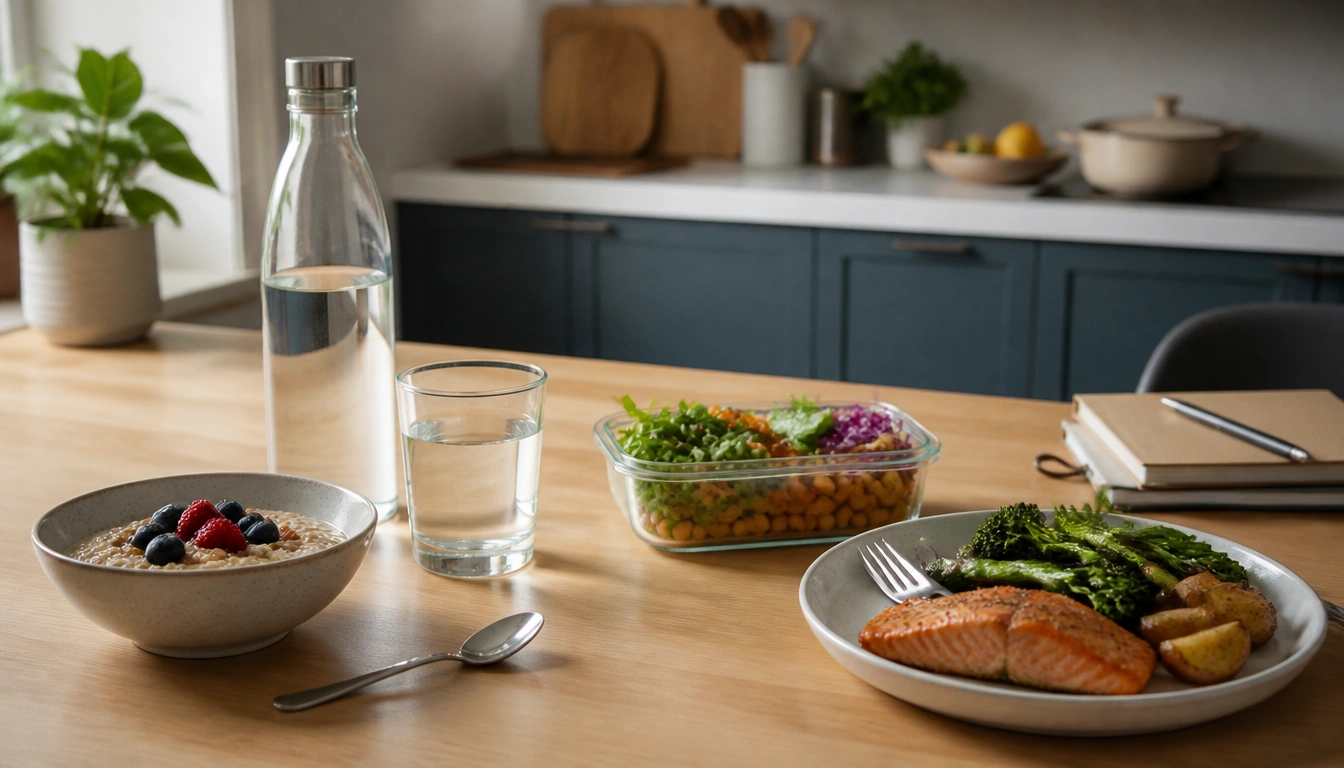 Beginner water intake habit plan with three anchor drinks: wake up, lunch, and dinner for hydration basics