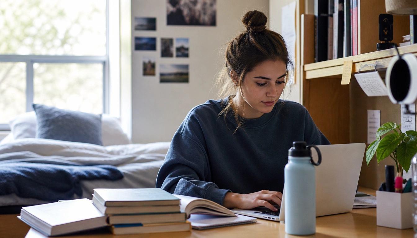 Student refilling a water bottle during class transitions as part of a water intake habit plan for college students