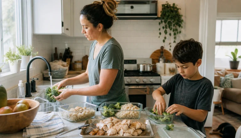 Busy parents meal prepping on the weekend with labeled containers and flexible components for easy weeknight dinners.