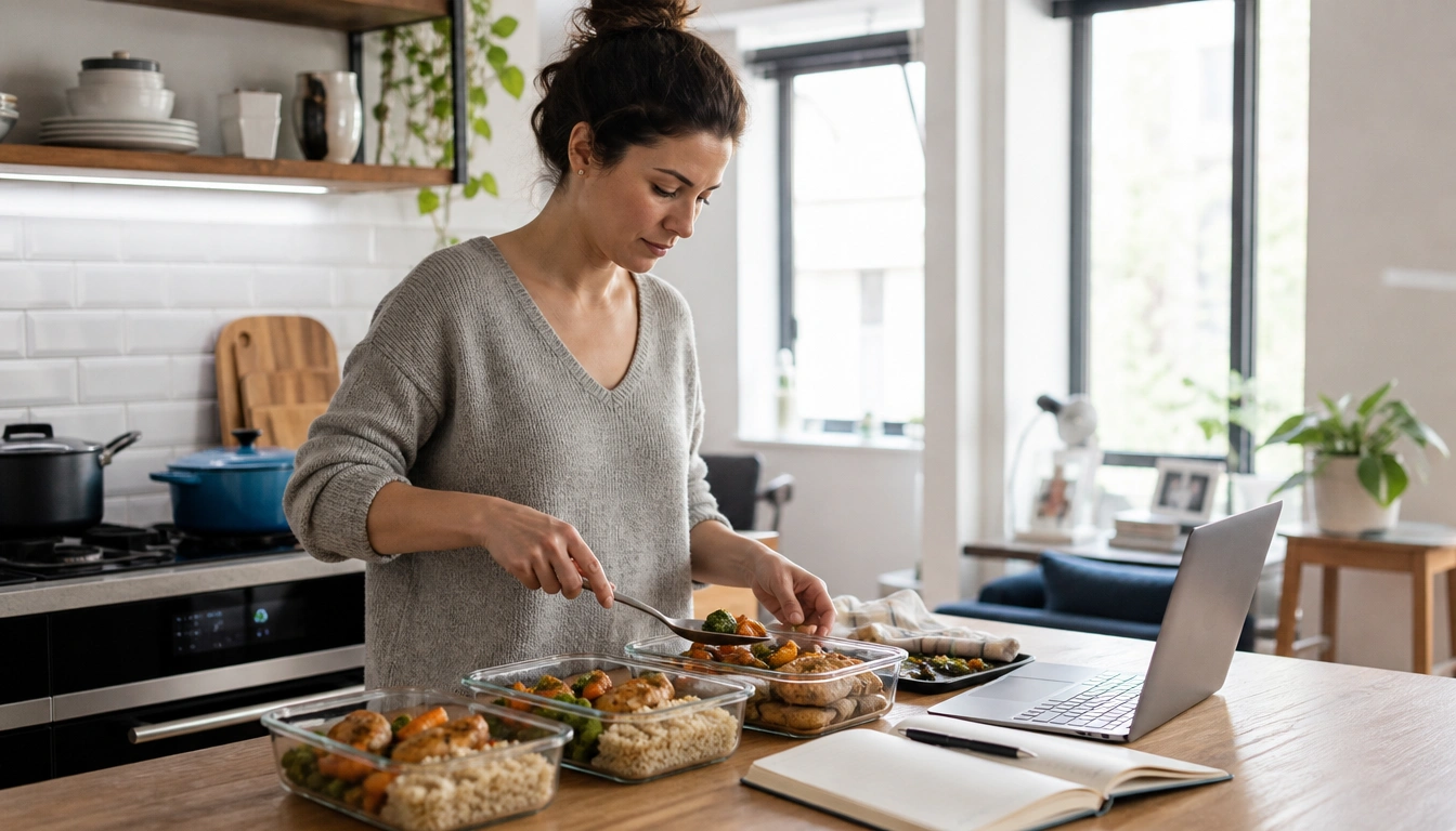 Weekend meal prep for people working from home: batch-cooked ingredients portioned for lunches and dinners in containers.