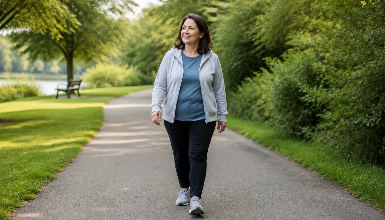 Beginner doing an easy weekend recovery walk on a flat path using the talk test for comfortable pace