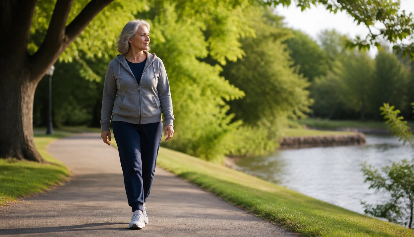 Adult over 50 taking an easy weekend recovery walk on a flat path with supportive shoes