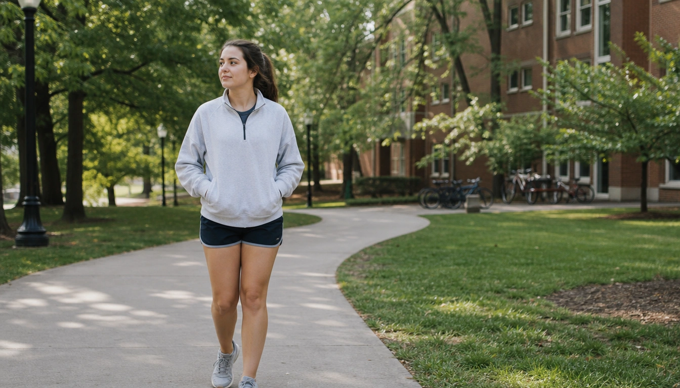 Student taking an easy weekend recovery walk outdoors for stiffness relief and mental reset