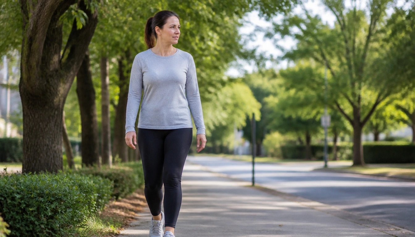 Person taking a moderate weekend recovery walk outdoors to ease stiffness after home workouts