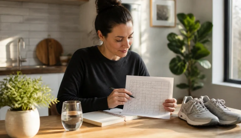 Weekly habit review checklist for adults returning to healthy routines, focusing on sleep, movement, food prep, and stress.