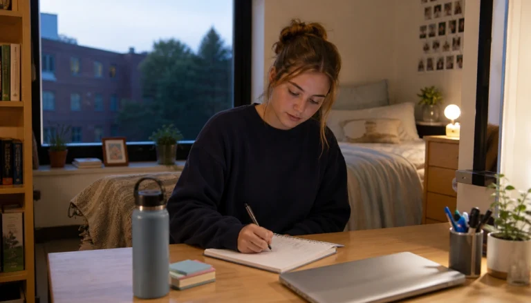 A college student reviews sleep, movement, hydration, and screen time in a quick weekly habit review planner.