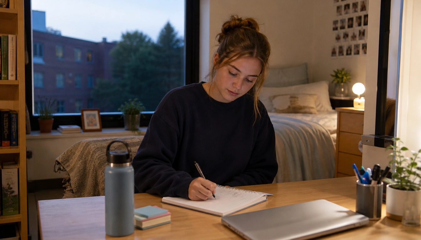 A college student reviews sleep, movement, hydration, and screen time in a quick weekly habit review planner.