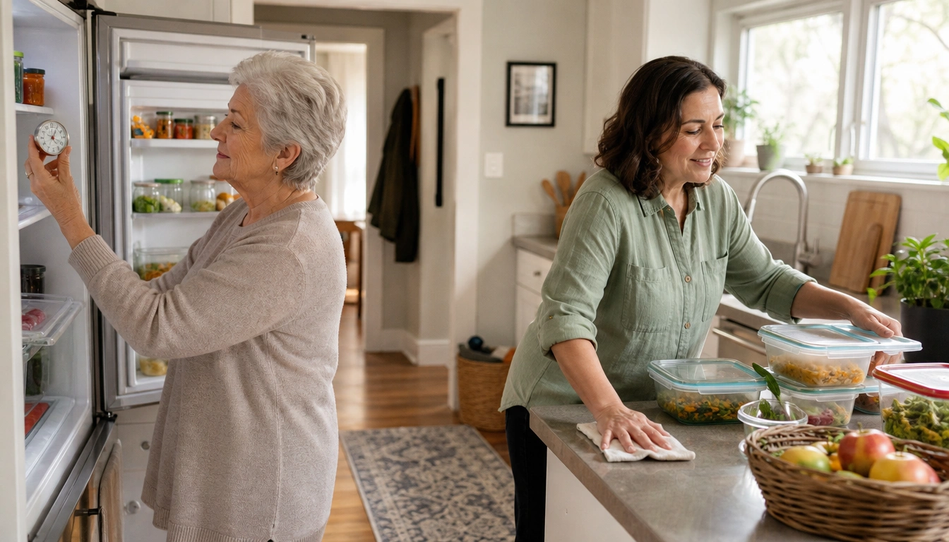 Weekly kitchen reset checklist for adults over 60: fridge temperature, leftovers, safer storage, and fire-safety checks.