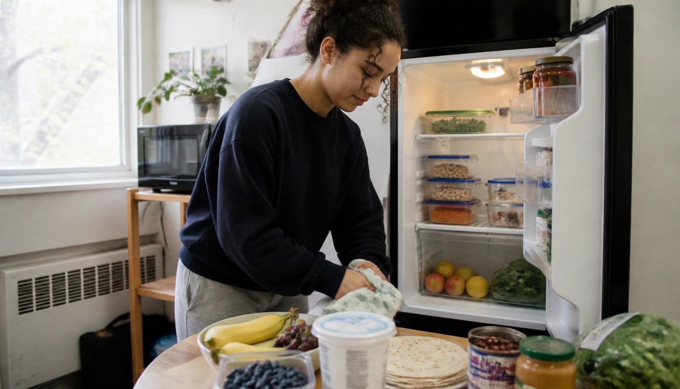 A college student organizes a mini-fridge during a weekly kitchen reset routine