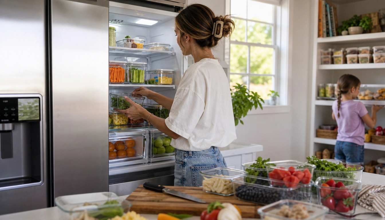 Busy parent’s kitchen organized for a weekly reset: zones for snacks, leftovers, and safer food storage