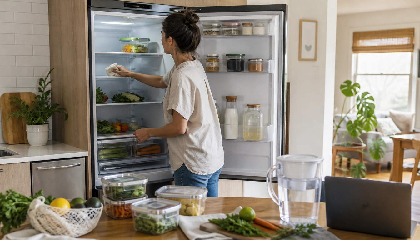 Weekly kitchen reset checklist for remote workers: fridge organization, temperature check, and surface cleaning routine.