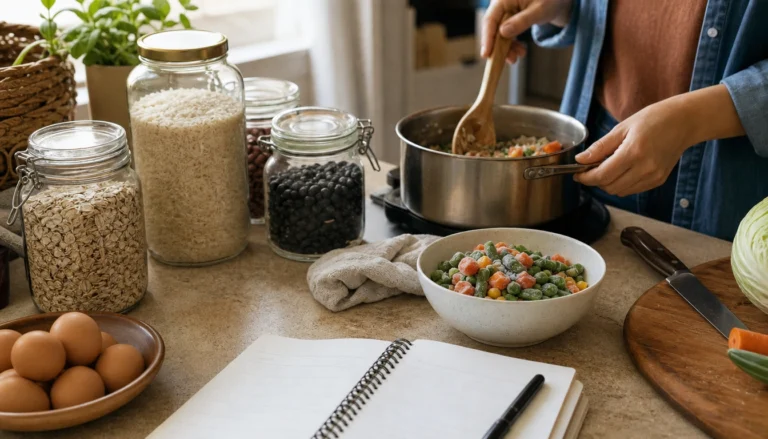 Budget-friendly weekly wellness reset plan with pantry staples, simple meals, free movement, and sleep habits.