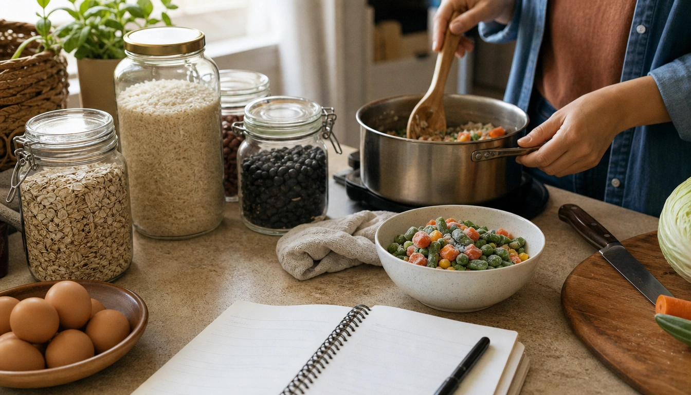 Budget-friendly weekly wellness reset plan with pantry staples, simple meals, free movement, and sleep habits.